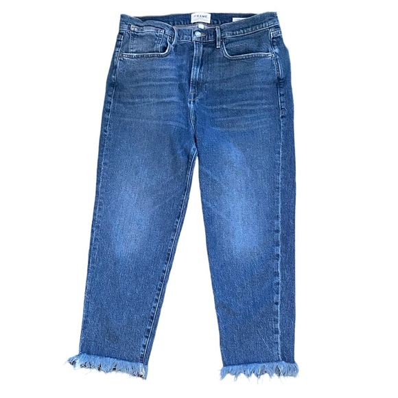 FRAME Le Stevie Crop Slouchy Straight Blue Jeans Frayed Hem Santana Wash Size 29 - Picture 2 of 8
